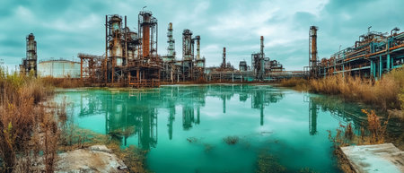 Rust and decay dominate this abandoned industrial site, where green, slippery water glistens in the heart of a deserted oil refinery, resonating with eerie beauty.の素材