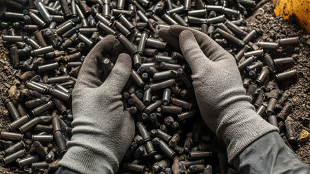 In a cluttered ammunition depot, gloved hands carefully gather black 6.5mm bullets from a strewn pile, showcasing a moment of focus amidst a rustic backdrop.の素材