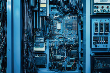 Detailed close-up reveals a complex electrical control panel filled with wires, microchips, and motor controllers, showing cutting-edge technology in a factory environment.の素材