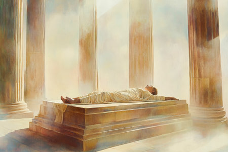 A pale figure lies gracefully on an altar, enveloped in gentle fog. Surrounded by majestic columns, the soft light casts delicate shadows, evoking a sense of tranquility.の素材