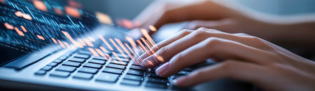 Close-up of hands actively typing on a keyboard surrounded by digital graphs, reflecting the synergy of technology and business analytics in a modern workspace.の素材