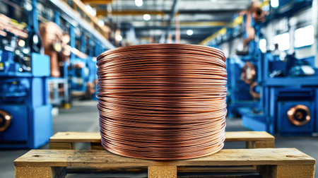 Glistening copper wire is artfully arranged on a sturdy wooden pallet, set against a backdrop of blue factory equipment and tangled wires, showcasing industrial beauty.の素材