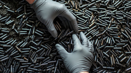Grey-gloved hands delicately pick up black 6.5mm bullets scattered across the floor of an ammunition depot filled with various objects, highlighting a unique detail.の素材