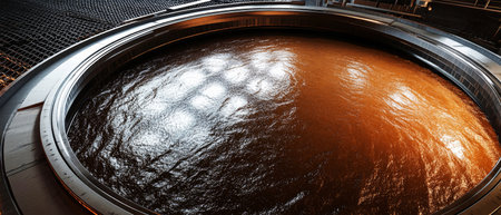A large round industrial tank is filled with dark brown sludge, highlighting advanced sludge removal technology in a modern wastewater treatment facility.の素材