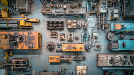 This aerial view reveals the intricate layout of an industrial factory filled with advanced machinery, rusty surfaces, and concrete structures, all under a clear sky.の素材