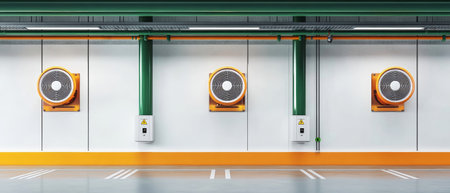 Empty parking bays create a tranquil setting, while sleek air conditioning units and vibrant green pipes add an industrial flair to the space.の素材