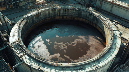 A top view reveals a large round sludge tank filled with brown liquid, featuring a sleek metal frame and mesh cover, highlighting industrial water treatment methods.の素材