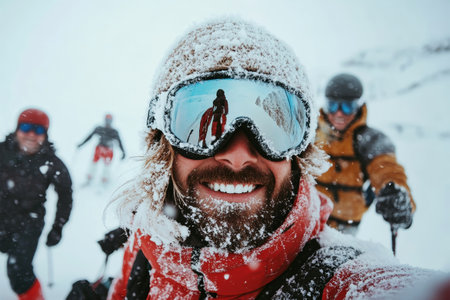 This happy couple captures the joy of skiing in snowy mountains, surrounded by fellow skiers. Their laughter and excitement are contagious in the winter wonderland.の素材