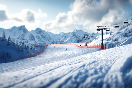 Amidst a stunning mountainous backdrop, skiers navigate a pristine slope on a sunny day while a ski lift awaits in the distance, capturing the thrill of winter sports.の素材