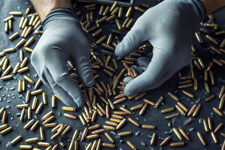 Hands in gray gloves carefully arrange bullets amid a chaotic spread of rifle cartridges on a deep black surface, illuminated by soft studio lighting.の素材