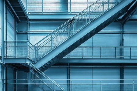The interior of a waste processing plant showcases a striking blue metal staircase, designed for worker access, set within an innovative industrial environment.の素材