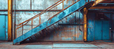 Inside a recycling plant, a robust blue metal staircase connects different areas, highlighting the industrial aesthetic of waste recycling for green energy production.の素材