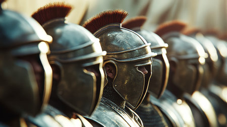 Groups of Roman soldiers stand proudly in formation, adorned in shining helmets and armor, embodying the might and discipline of a legendary era.の素材