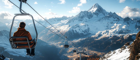 A skier gazes at breathtaking snow-covered mountains and valleys while riding a ski lift on a clear winter day. Nature's beauty unfolds under a bright sky.の素材