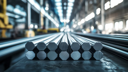 Sleek steel hexagonal rods lay arranged on a factory floor, reflecting overhead lights and emphasizing their shiny finish. The ambiance highlights the raw industrial charm.の素材