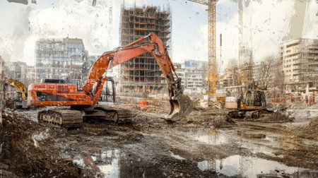 Excavators and trucks operate on a busy urban construction site, highlighting cutting-edge equipment amid cranes and evolving architecture for land development.の素材