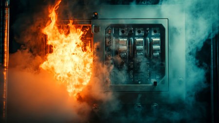 An electrical panel engulfed in flames releases vibrant smoke and steam, creating an unexpected beauty amidst chaos in a surreal collage setting, evoking strong emotions.の素材