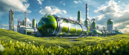 A modern industrial plant features large green and silver tanks alongside pipes, set against a backdrop of fluffy clouds in a vibrant blue sky. Lush grass surrounds the facility.の素材