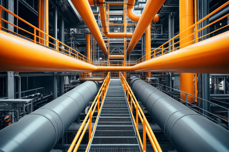 In this striking industrial setting, the interplay of orange and gray pipes creates a dynamic visual experience within a power facility, emphasizing engineering elegance.の素材