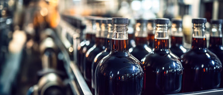 Close-up view of dark liquor bottles moving seamlessly along a conveyor belt, showcasing the intricate machinery and rich liquid inside as the production process unfolds.の素材