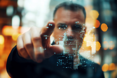 In a bustling urban environment, a businessman touches a virtual screen displaying financial growth graphs and data, symbolizing ambition and success.の素材