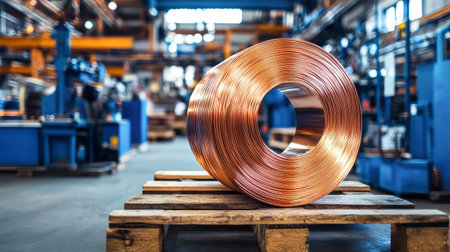 A large, shiny roll of copper wire rests on a wooden pallet amidst blue factory machinery and wires, capturing the essence of industrial craftsmanship and materials.の素材