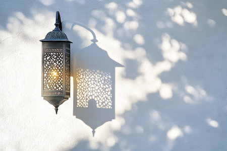A traditional Arabic lantern hangs before a white wall, casting delicate shadows that dance under the warm sunlight, evoking a sense of peace and tranquility.の素材