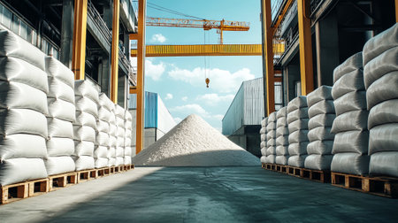 White sand stored in large bags on pallets creates a striking contrast with the yellow crane and the expansive blue sky above. A scene of industrial efficiency unfolds.の素材