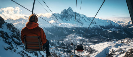 Seated on a ski lift, an individual takes in the stunning panorama of snow-covered peaks and valleys, with mountains reaching for the sky in the distance.の素材