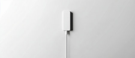 Minimalistic setup showcasing a bank connected via a sleek white cable to a smartphone, highlighted against a soft gray backdrop emphasizing clean aesthetics.の素材