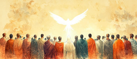 A radiant white flame, symbolizing the Holy Spirit, hovers over followers in ancient robes, embodying the divine presence during Jesus' ascension.の素材