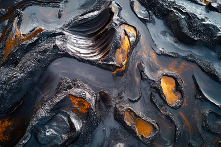 Exploring the extensive operations of open-pit coal mining, this aerial capture reveals trucks navigating vast piles of coal amidst a striking terrain.の素材