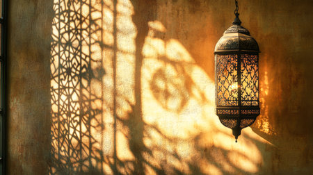 Soft sunlight filters through an ornate fanoos, casting delicate shadows of traditional Arabic patterns on a rustic wall, evoking a serene Ramadan ambiance.の素材