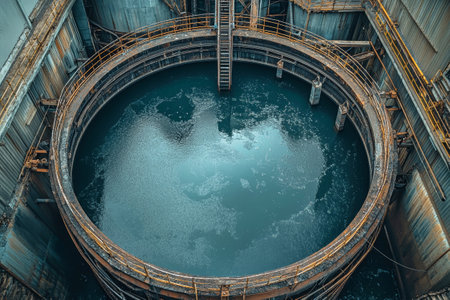 Aerial view captures the intricate design of a sewage treatment tank with a dark liquid filled pool, showing the industrial thickener for sludge disposal experimentation.の素材