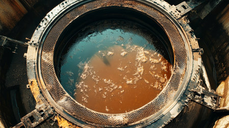 This detailed view captures an industrial thickener filled with murky brown liquid under a metal mesh cover, highlighting the complexity of water treatment processes.の素材