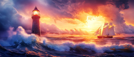Waves crash against a sturdy lighthouse as the sun sets, casting brilliant colors across storm clouds. A fishing schooner sails gracefully through the vibrant sea.の素材