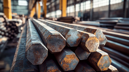 A factory warehouse features twenty-inch hexagonal steel bars stacked with thick steel posts, blending industrial strength and rustic charm.の素材