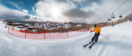 A skier gracefully navigates the snowy slopes of a ski resort while snow flurries fall from the cloudy sky. Skiers enjoy the lift ride in the background.の素材