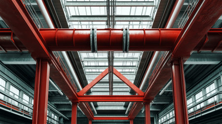 Unique perspective showcases red steel beams supporting metal air conditioning pipes in an expansive industrial-style warehouse setting.の素材