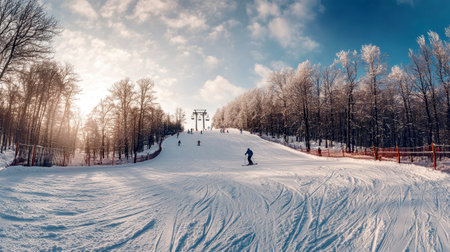 Skiers navigate the challenging C-pipe slope at Vilsiborki, surrounded by a picturesque winter landscape, with a gondola lift in view and snow-laden trees.の素材