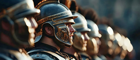 Close up of disciplined Roman soldiers in armor and helmets, standing in formation under dramatic lighting, embodying the spirit of ancient Rome with detailed craftsmanship.の素材