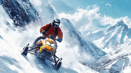 A skilled driver races through deep snow, surrounded by majestic mountains, clad in bright gear that contrasts beautifully with the white landscape.の素材