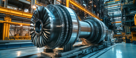 Featuring a modern gas engine, this composition showcases the complexities of steel gears and stainless-steel structures in a vibrant industrial environment.の素材