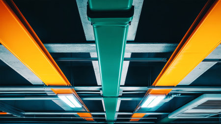 Captivating design elements of an underground parking area showcase a white and orange air conditioning setup, highlighting its industrial aesthetics and vibrant colors.の素材