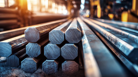 Sleek and shiny steel hexagonal rods lie prominently on a factory floor, captured in a wide-angle perspective that emphasizes their rustic charm and industrial elegance.の素材