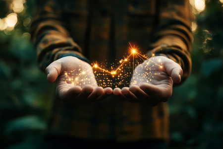 A businessman displays a virtual growth graph in his hands, set against a vibrant green backdrop, symbolizing progress and strategic planning in the modern business landscape.の素材