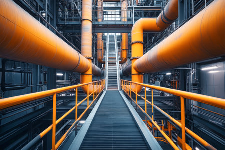Vivid orange pipes contrast against a sleek gray backdrop in a sprawling industrial facility. A ladder leads upward, hinting at maintenance activities in the power plant.の素材