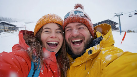 A cheerful couple revels in their skiing adventure, capturing a joyful moment with a selfie amidst falling snowflakes at a winter resort. Bright colors and smiles shine through.の素材