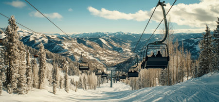 Against a backdrop of majestic snowy peaks, skiers ride in harmony on a gondola lift, enjoying their ascent to the summit at a bustling ski resort.の素材