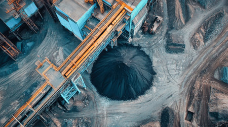 On a warm summer day, an aerial view shows a busy coal mine with blue structures and a massive pile of black coal, showing the blend of industry and nature.の素材